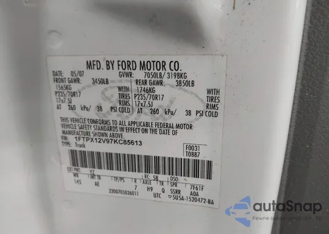 2007 Ford F-150 Lariat/Stx/Xl/Xlt from USA, damaged, VIN 1FTPX12V97KC85613